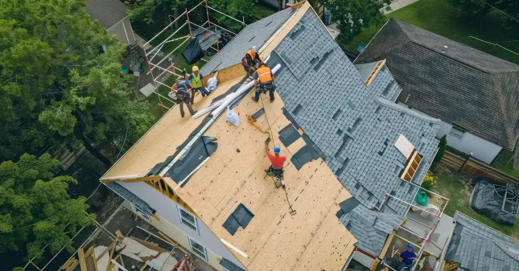 Raleigh home undergoing roof replacement with professionals at work
