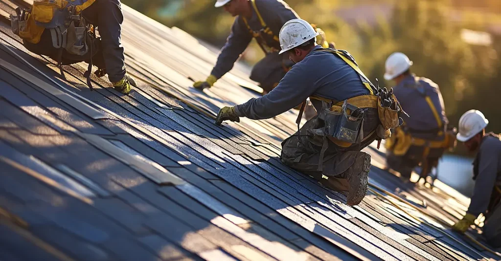 Roofing professionals working on a home in Raleigh during spring
